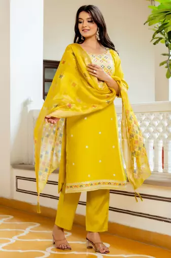 yellow embroidered kurta set