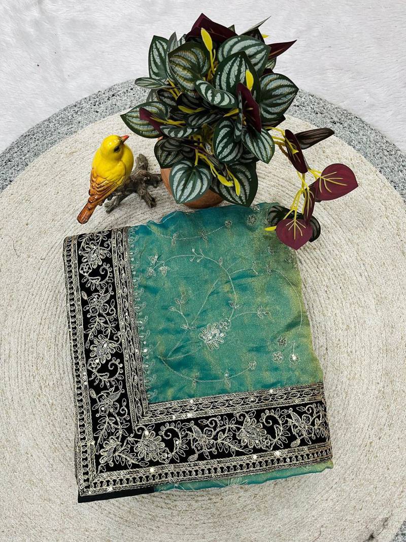 Sky Color  jari dori with Sequins Embroidery Work Silk Saree