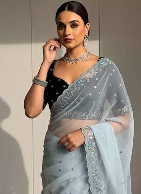 Sky Blue Color Beads and Sequins with Malti Thread Work  Georgette Saree 1