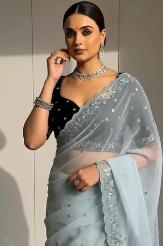 Sky Blue Color Beads and Sequins with Malti Thread Work  Georgette Saree