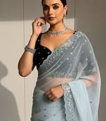 Sky Blue Color Beads and Sequins with Malti Thread Work  Georgette Saree