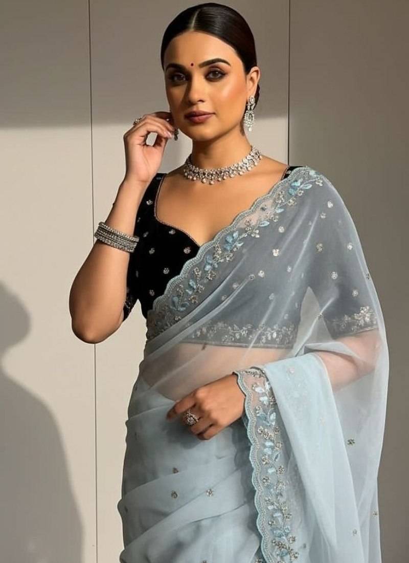Sky Blue Color Beads and Sequins with Malti Thread Work  Georgette Saree