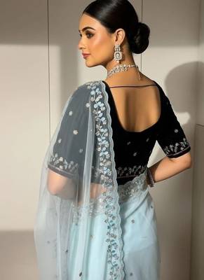 Sky Blue Color Beads and Sequins with Malti Thread Work  Georgette Saree 2