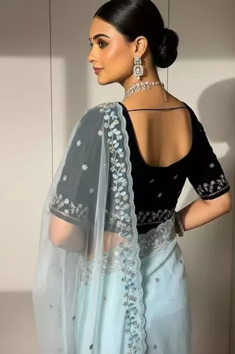 Sky Blue Color Beads and Sequins with Malti Thread Work  Georgette Saree