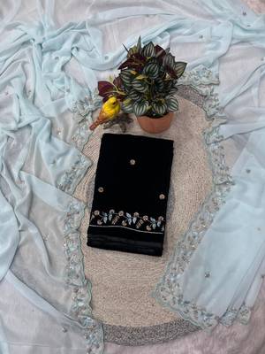 Sky Blue Color Beads and Sequins with Malti Thread Work  Georgette Saree 4
