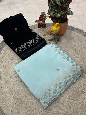 Sky Blue Color Beads and Sequins with Malti Thread Work  Georgette Saree 5