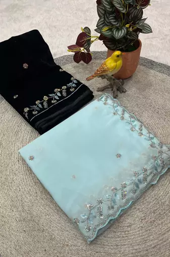 Sky Blue Color Beads and Sequins with Malti Thread Work  Georgette Saree