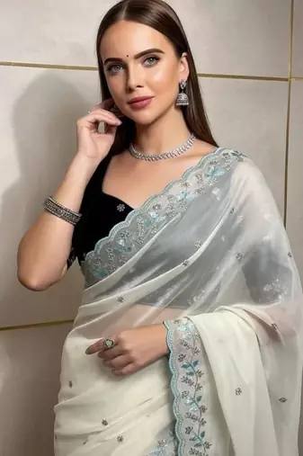 Off White Color Beads and Sequins with Malti Thread Work  Georgette Saree