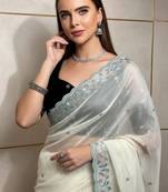 Off White Color Beads and Sequins with Malti Thread Work  Georgette Saree