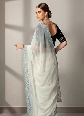 Off White Color Beads and Sequins with Malti Thread Work  Georgette Saree 2