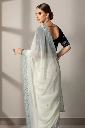 Off White Color Beads and Sequins with Malti Thread Work  Georgette Saree