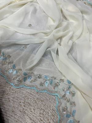 Off White Color Beads and Sequins with Malti Thread Work  Georgette Saree 4
