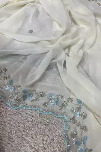Off White Color Beads and Sequins with Malti Thread Work  Georgette Saree