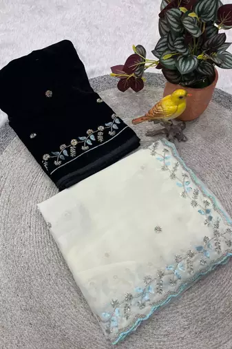 Off White Color Beads and Sequins with Malti Thread Work  Georgette Saree