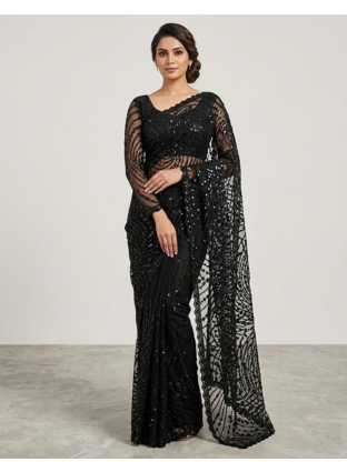 Black Color Jaal Work,Sequins with Beads Work Butterfly Net Saree 1
