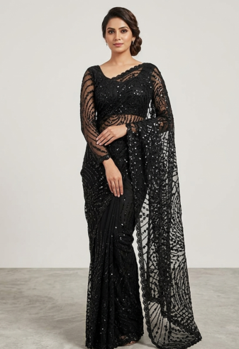 Black Color Jaal Work,Sequins with Beads Work Butterfly Net Saree