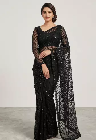 Black Color Jaal Work,Sequins with Beads Work Butterfly Net Saree