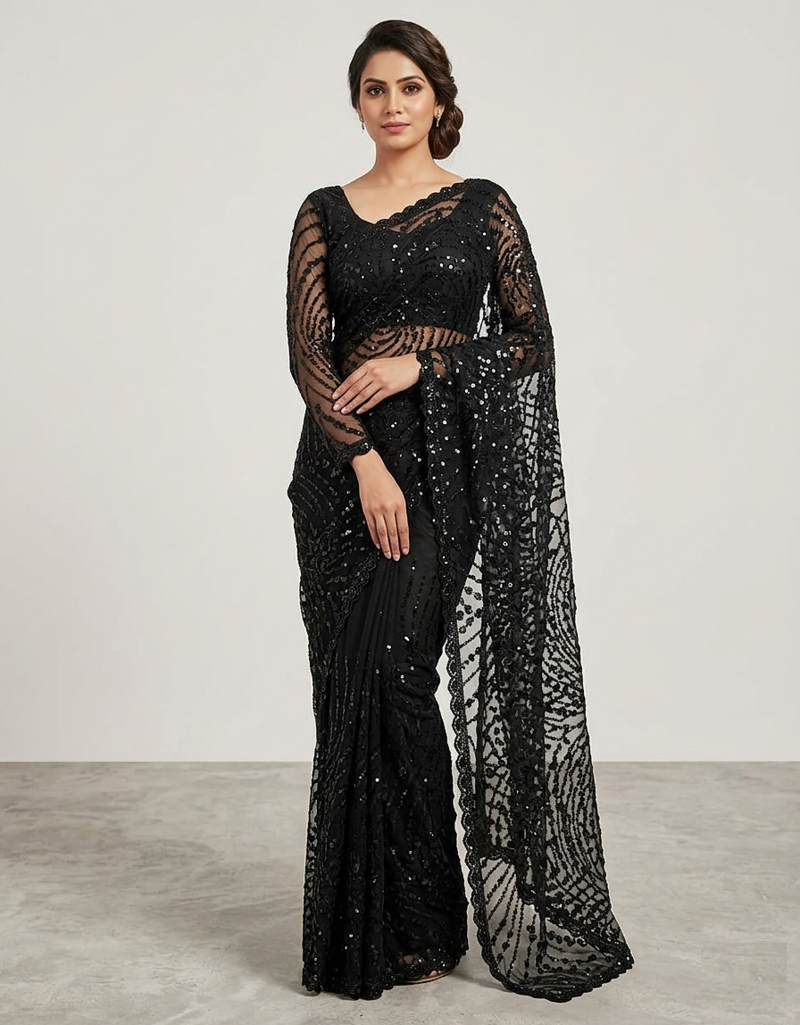 Black Color Jaal Work,Sequins with Beads Work Butterfly Net Saree