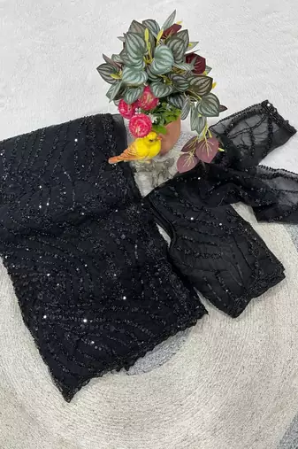 Black Color Jaal Work,Sequins with Beads Work Butterfly Net Saree