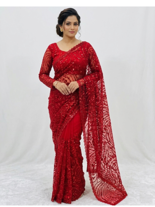 Red Color Jaal Work,Sequins with Beads Work Butterfly Net Saree 1