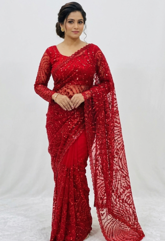 Red Color Jaal Work,Sequins with Beads Work Butterfly Net Saree