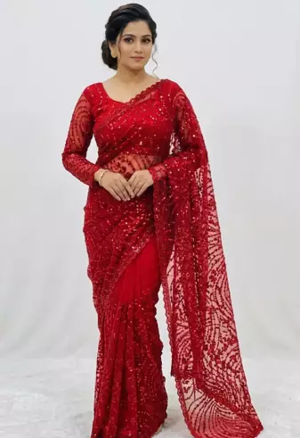 Red Color Jaal Work,Sequins with Beads Work Butterfly Net Saree