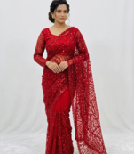 Red Color Jaal Work,Sequins with Beads Work Butterfly Net Saree