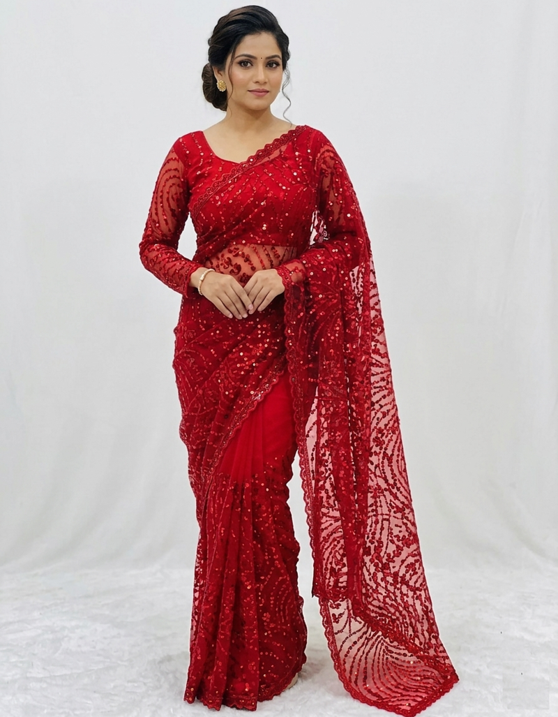 Red Color Jaal Work,Sequins with Beads Work Butterfly Net Saree