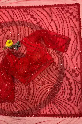 Red Color Jaal Work,Sequins with Beads Work Butterfly Net Saree
