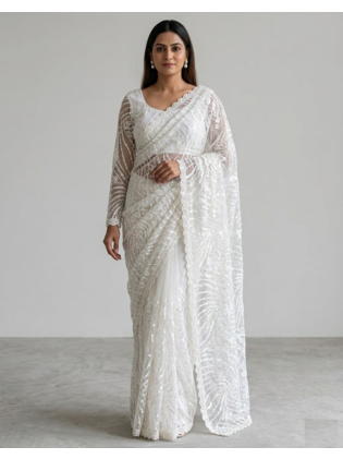 White Color Jaal Work,Sequins with Beads Work Butterfly Net Saree 1