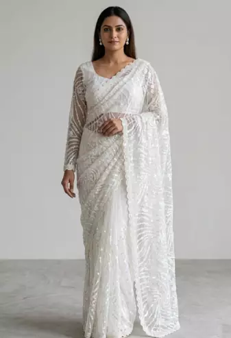 White Color Jaal Work,Sequins with Beads Work Butterfly Net Saree