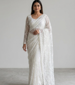 White Color Jaal Work,Sequins with Beads Work Butterfly Net Saree