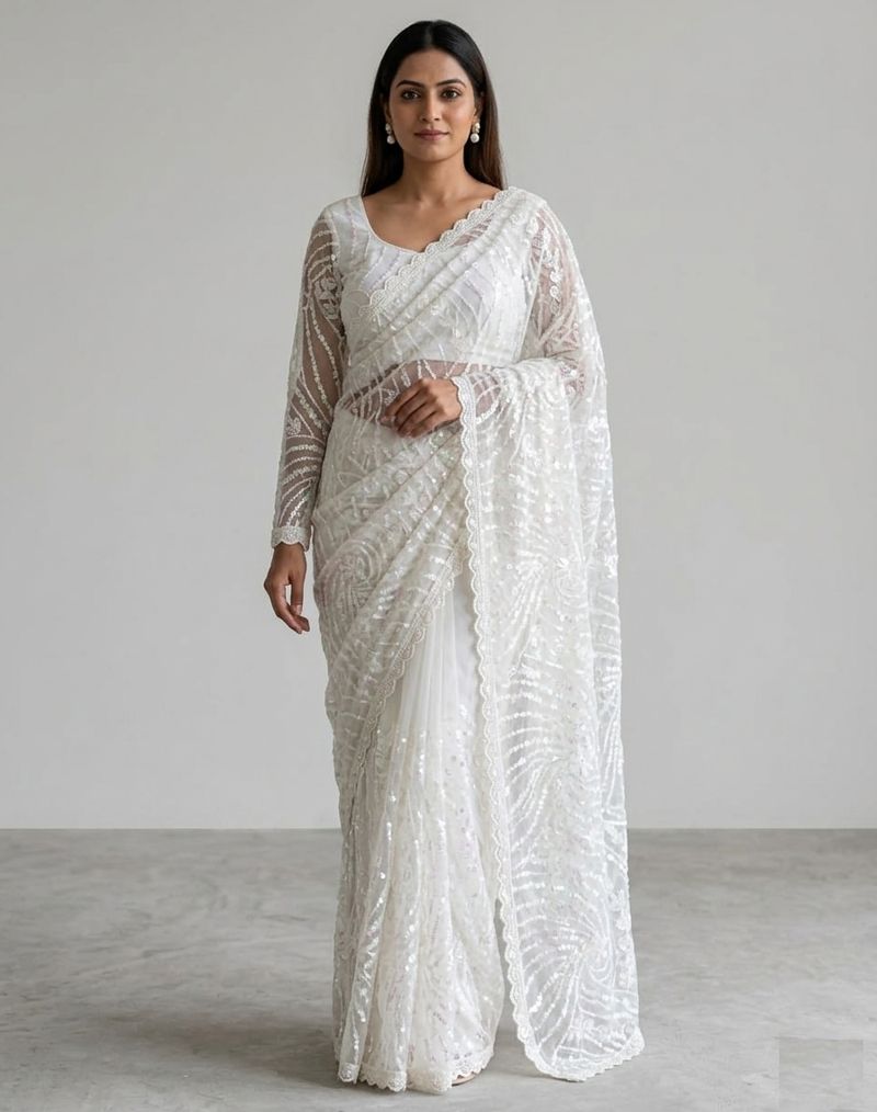 White Color Jaal Work,Sequins with Beads Work Butterfly Net Saree