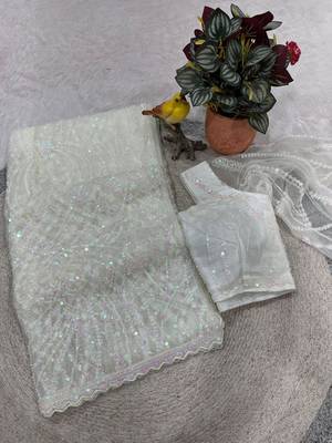 White Color Jaal Work,Sequins with Beads Work Butterfly Net Saree 4