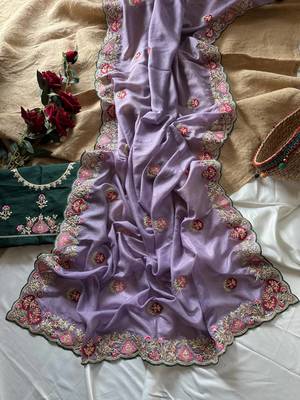 Lavender Color  zari border with zarkhan work georegett Saree 1
