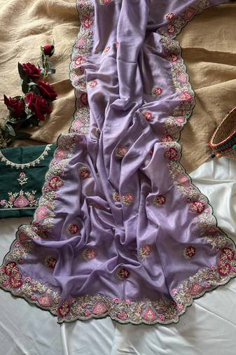 Lavender Color  zari border with zarkhan work georegett Saree
