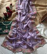 Lavender Color  zari border with zarkhan work georegett Saree