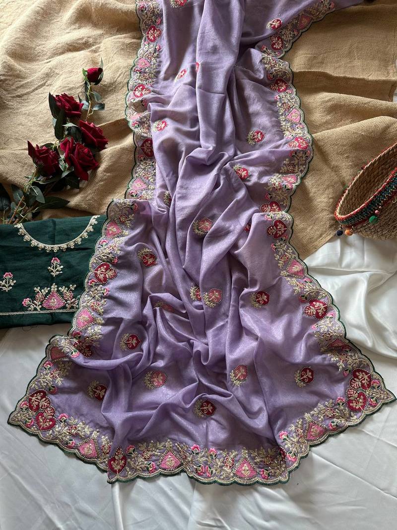 Lavender Color  zari border with zarkhan work georegett Saree