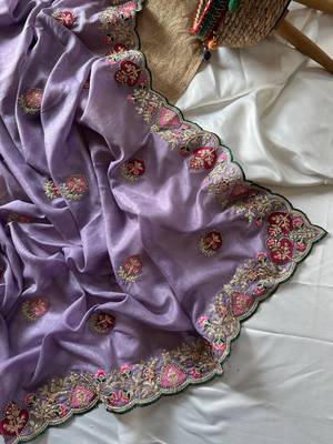 Lavender Color  zari border with zarkhan work georegett Saree 2