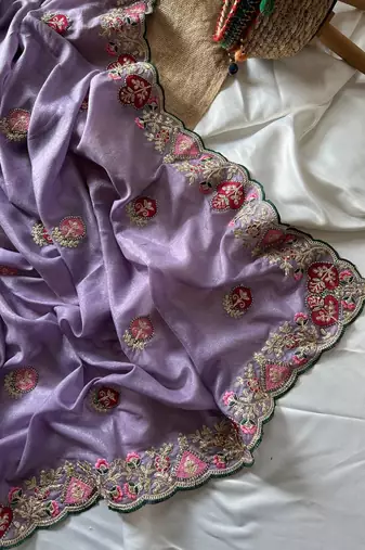 Lavender Color  zari border with zarkhan work georegett Saree