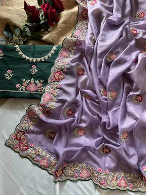 Lavender Color  zari border with zarkhan work georegett Saree 3