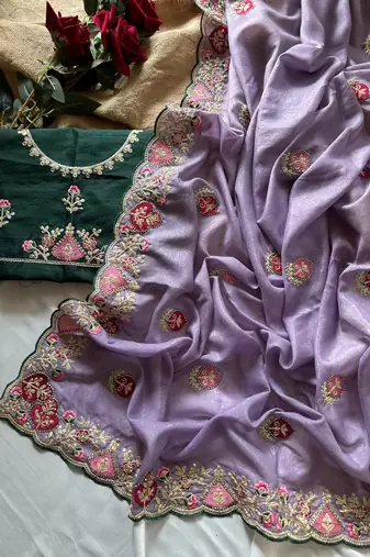 Lavender Color  zari border with zarkhan work georegett Saree