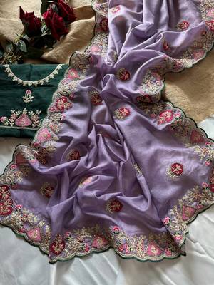 Lavender Color  zari border with zarkhan work georegett Saree 4