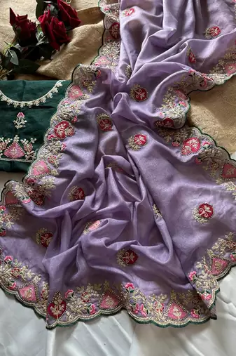 Lavender Color  zari border with zarkhan work georegett Saree