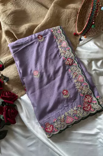 Lavender Color  zari border with zarkhan work georegett Saree