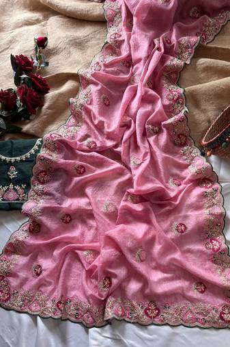 Pink Color  zari border with zarkhan work georegett Saree