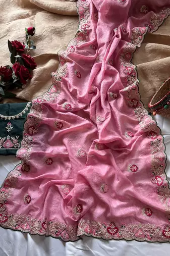 Pink Color  zari border with zarkhan work georegett Saree