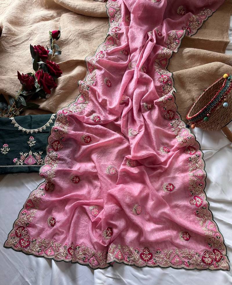 Pink Color  zari border with zarkhan work georegett Saree