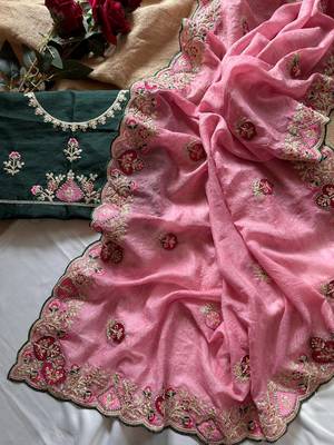 Pink Color  zari border with zarkhan work georegett Saree 2