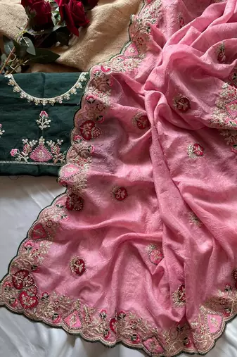 Pink Color  zari border with zarkhan work georegett Saree
